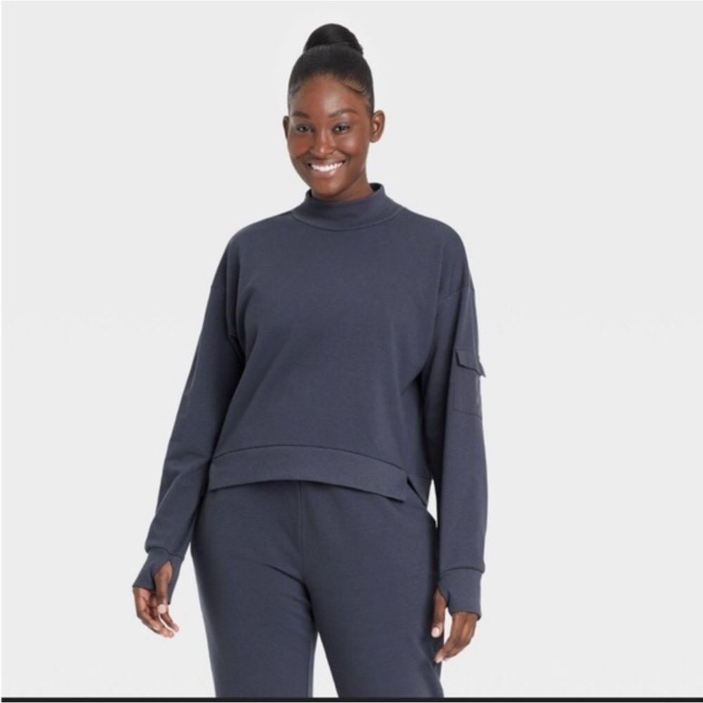 All in Motion Pocket Sleeve Mock Neck Pullover XXL Blue Gray Thumbholes Comfy